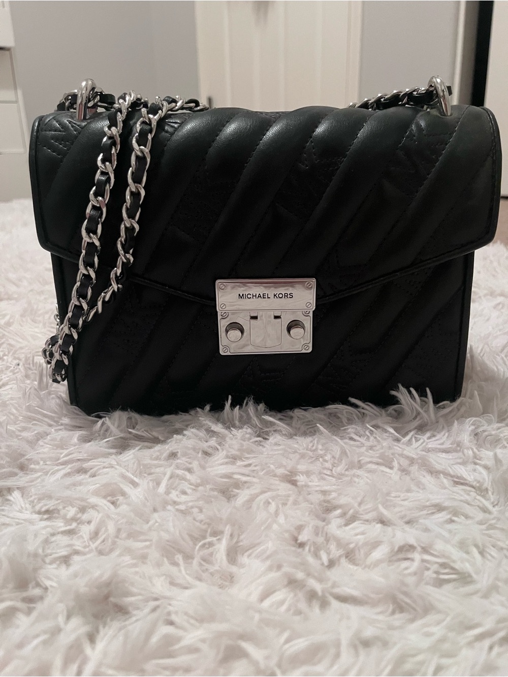 Michael Kors Black Quilted Leather Shoulder Bag with Silver Chain